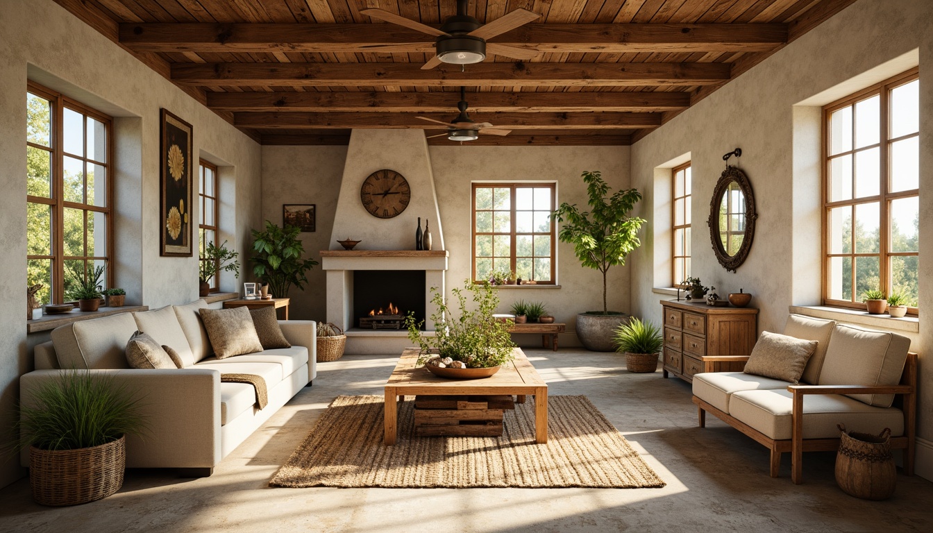 Prompt: Rustic farmhouse, vintage decor, earthy tones, weathered wood accents, distressed metal fixtures, soft cream walls, warm beige floors, mossy greenery, natural textiles, woven baskets, antique furnishings, cozy throw blankets, sun-drenched windows, soft golden lighting, shallow depth of field, 2/3 composition, realistic textures, ambient occlusion.