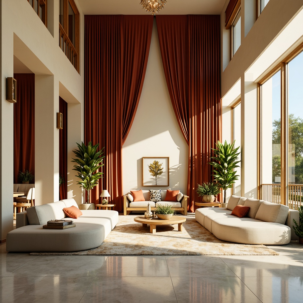 Prompt: Rich velvet fabrics, warm beige walls, soft golden lighting, luxurious marble floors, elegant wooden furniture, creamy white accents, nature-inspired patterns, calming blue hues, earthy terracotta tones, vibrant emerald greenery, subtle metallic sheens, ornate decorative details, refined minimalist aesthetic, spacious open layout, airy natural ventilation, abundant sunlight, shallow depth of field, 3/4 composition, realistic textures, ambient occlusion.