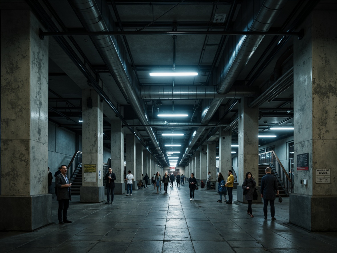 Prompt: Raw concrete columns, exposed ductwork, industrial-style lighting fixtures, harsh fluorescent lights, dramatic shadows, moody ambiance, urban underground atmosphere, busy pedestrian traffic, functional signage, rugged stone flooring, metallic handrails, brutalist architectural style, minimalist decoration, cold color palette, high ceilings, cavernous spaces, intense spotlights, low-key ambient illumination, 1/1 composition, symmetrical framing, realistic textures, subtle camera movements.