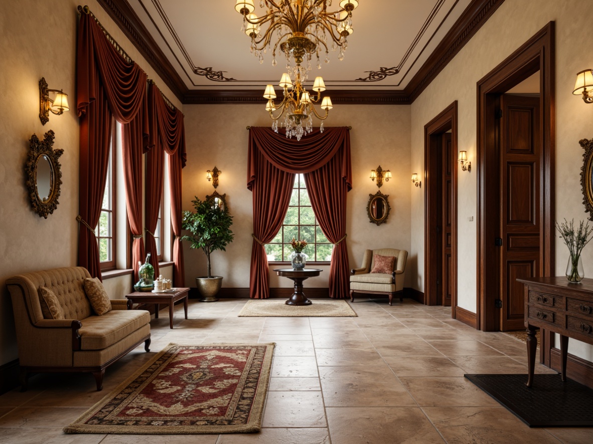 Prompt: Ornate mudroom, rich velvet fabrics, gilded frames, carved wooden panels, intricate stone floors, luxurious chandeliers, golden hardware, ornamental mirrors, plush area rugs, grandiose furniture pieces, curved lines, scrolled legs, tufted upholstery, lavish drapery, warm beige tones, soft ambient lighting, shallow depth of field, 2/3 composition, realistic textures, ambient occlusion.