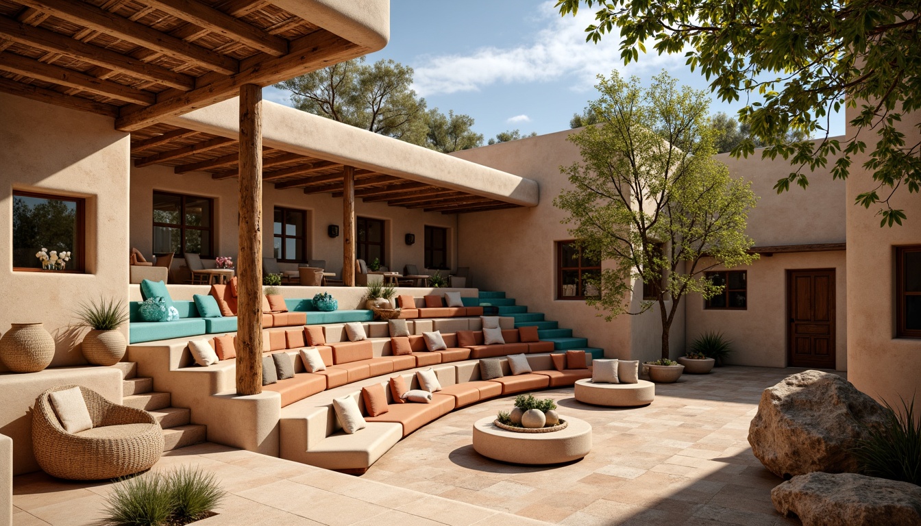 Prompt: Southwestern amphitheater, earthy tones, terracotta seating, sandy stone walls, rustic wooden accents, woven textiles, vibrant turquoise hues, natural fabrics, distressed leather, rough-hewn boulders, weathered wooden beams, adobe-inspired architecture, warm golden lighting, dramatic shadows, 1/2 composition, realistic rock textures, ambient occlusion.