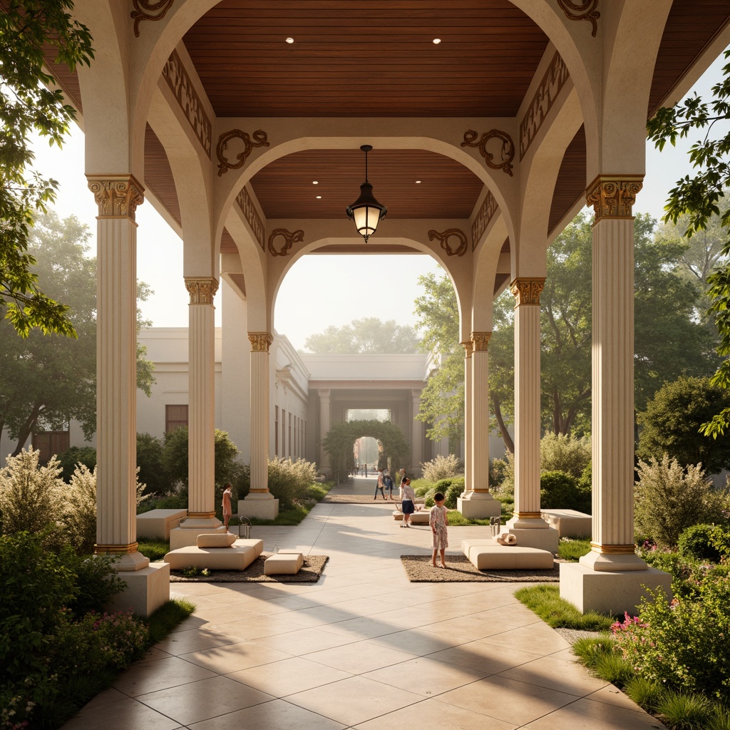 Prompt: Warm beige pavilion, soft sage greenery, natural wood accents, earthy terracotta tones, creamy white columns, ornate metal details, subtle gold leafing, ambient warm lighting, shallow depth of field, 1/2 composition, realistic textures, atmospheric fog, serene surroundings, lush foliage, vibrant flower arrangements, elegant furnishings, plush area rugs, sophisticated architectural elements.