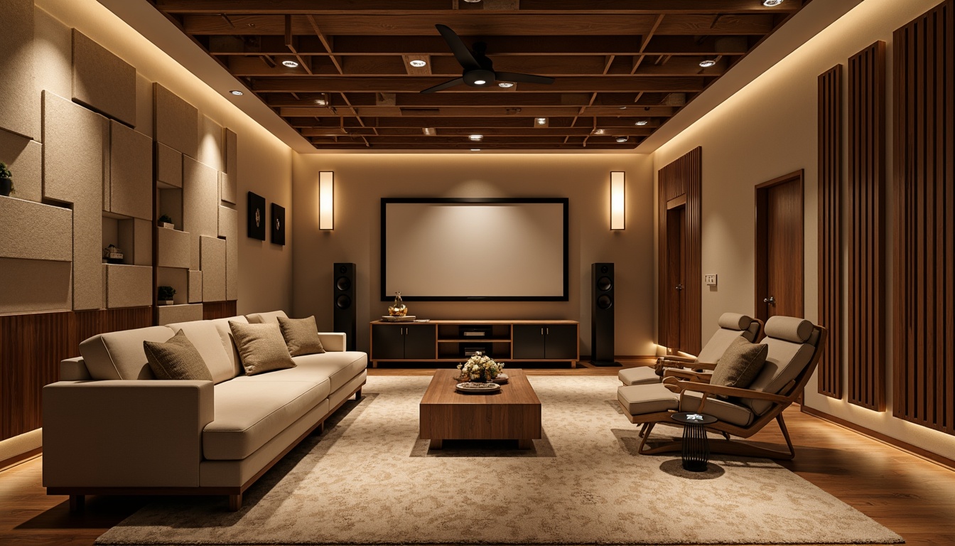 Prompt: Cozy home theater, soundproofing materials, acoustic panels, diffusers, bass traps, wooden flooring, plush area rugs, comfortable seating, ambient soft lighting, warm beige walls, rich wood accents, state-of-the-art audio equipment, sleek speaker designs, immersive cinematic experience, 1/1 composition, shallow depth of field, warm natural textures.