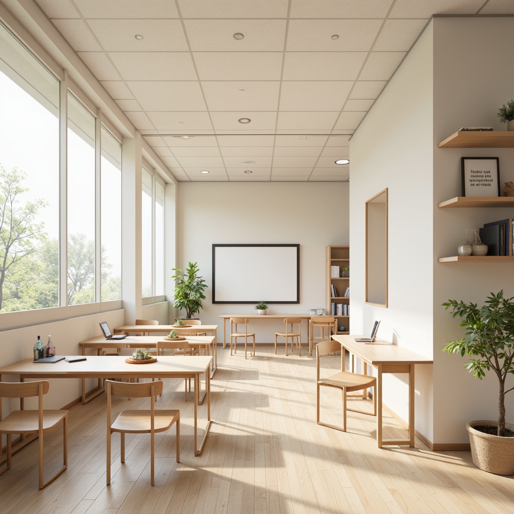 Prompt: Minimalist school interior, calming color palette, soft pastel hues, creamy whites, warm beige tones, natural wood accents, sleek metal frames, simple geometric shapes, subtle textures, abundant natural light, airy open spaces, functional modular furniture, ergonomic chairs, built-in shelves, minimalist decor, inspirational quotes, motivational posters, gentle ambient lighting, shallow depth of field, 1/1 composition, realistic renderings.