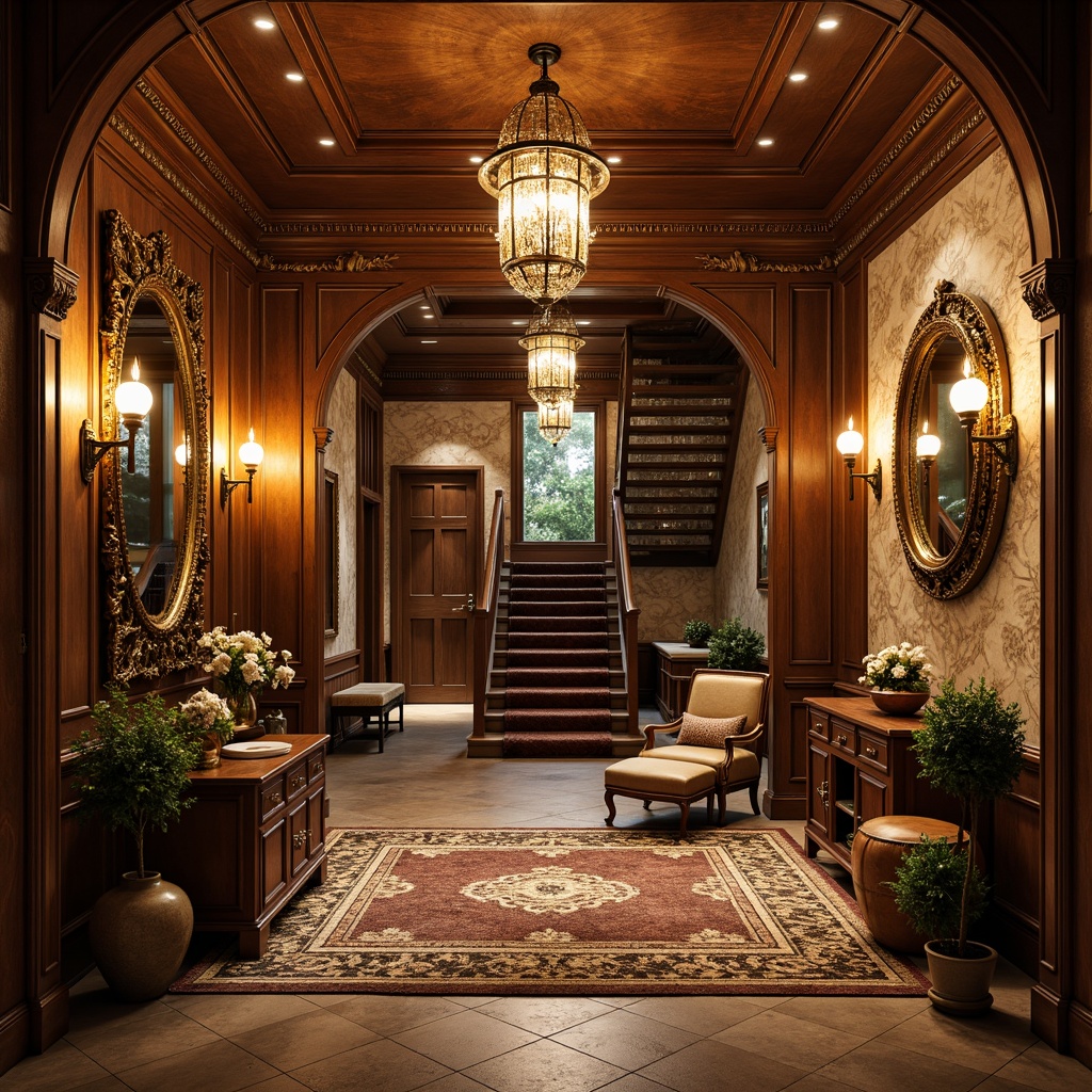 Prompt: Luxurious mudroom, ornate details, Baroque style, rich wood tones, intricate carvings, gilded accents, velvet fabrics, lavish furnishings, opulent chandeliers, grandiose mirrors, dramatic archways, sweeping staircases, rustic stone walls, warm earthy colors, soft golden lighting, shallow depth of field, 1/2 composition, realistic textures, ambient occlusion.