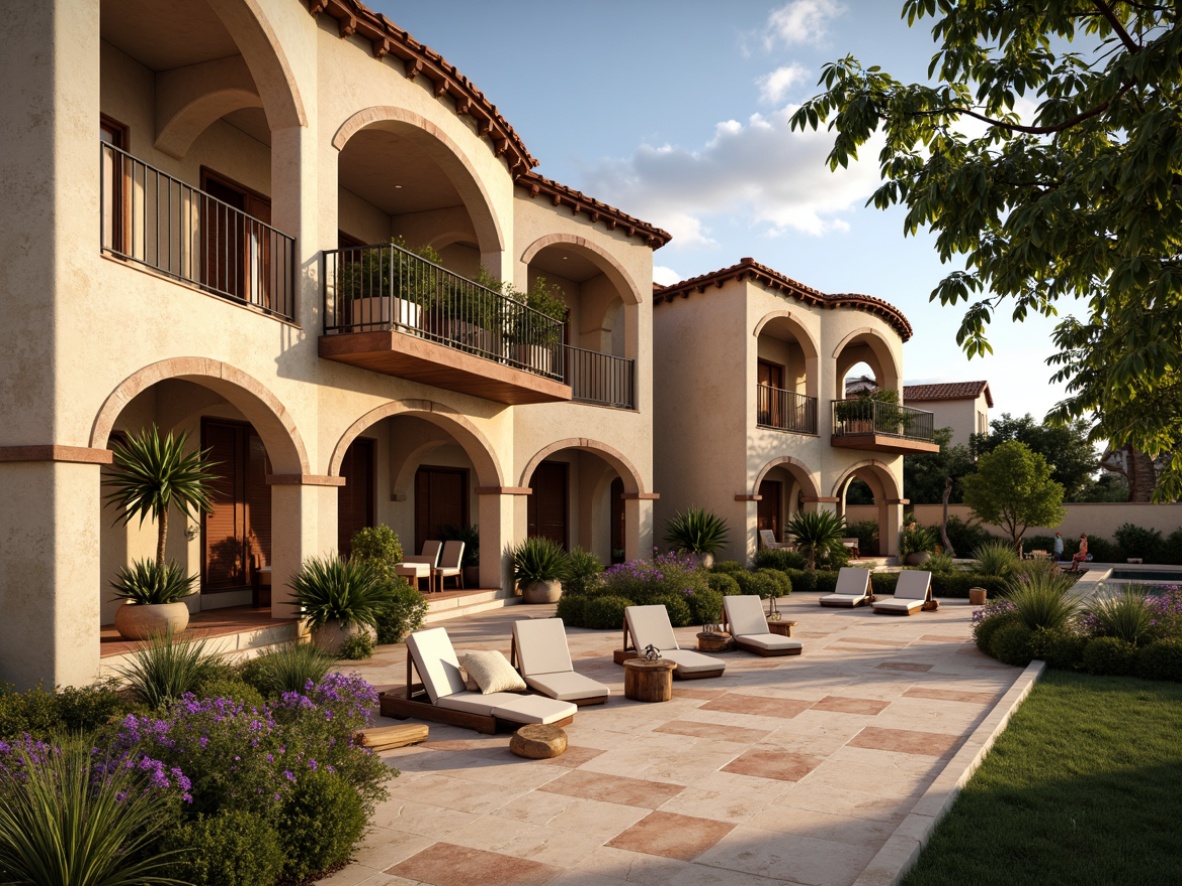 Prompt: Warm Mediterranean villa, curved arches, ornate columns, rustic stone walls, red terra cotta roofs, wooden shutters, wrought iron balconies, decorative ceramic tiles, lush greenery, blooming flowers, tranquil outdoor spaces, soft warm lighting, shallow depth of field, 1/1 composition, realistic textures, ambient occlusion.