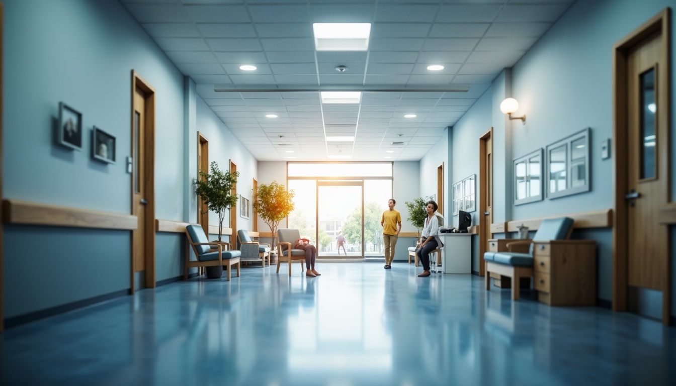 Prompt: Sterile hospital corridors, soft warm lighting, gentle ambient glow, minimal shadows, bright examination rooms, precise task lighting, suspended linear fixtures, sleek metal accents, calming blue tones, natural materials, wooden furniture, minimalist decor, subtle texture variations, shallow depth of field, 1/2 composition, soft focus effect, realistic reflections, subtle color grading.