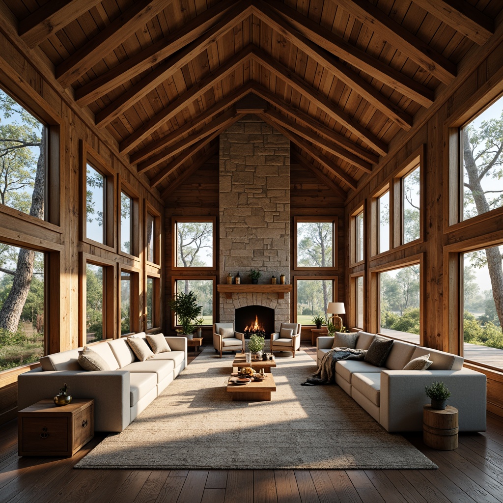 Prompt: Rustic farmhouse, open floor plan, high ceilings, exposed wooden beams, natural stone walls, wooden flooring, vintage furniture, cozy fireplaces, large windows, soft warm lighting, shallow depth of field, 3/4 composition, panoramic view, realistic textures, ambient occlusion.