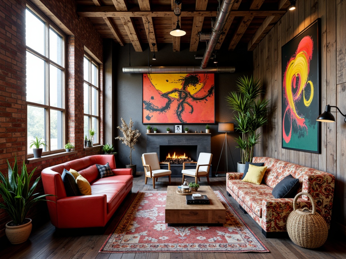 Prompt: Vibrant artistic space, eclectic furniture, bold color schemes, abstract patterns, unconventional materials, distressed wood textures, industrial metal accents, reclaimed wooden floors, exposed brick walls, oversized windows, dramatic lighting, mysterious shadows, 1/1 composition, cinematic atmosphere, high-contrast colors, avant-garde decor, ornate fixtures, luxurious fabrics, metallic sheens.