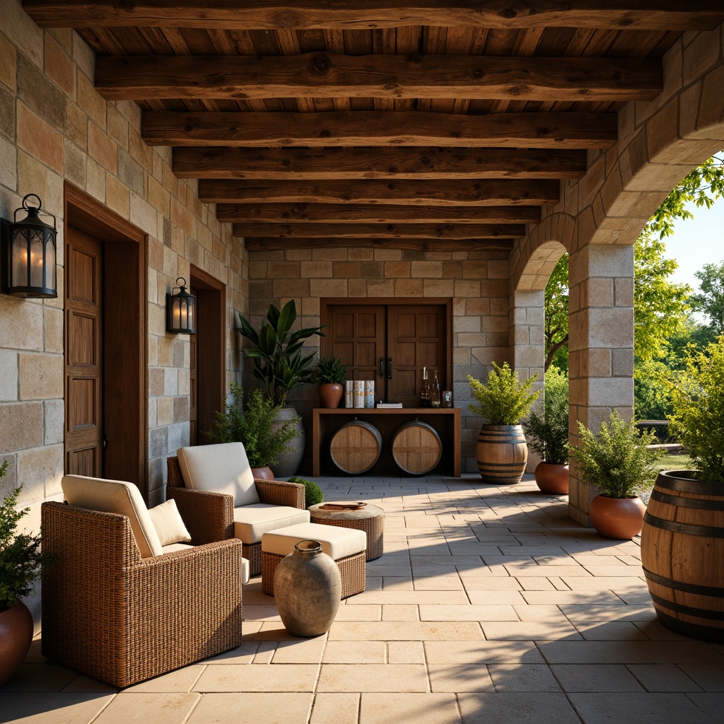 Prompt: Rustic winery, wooden barrels, old stone walls, earthy tones, natural textures, distressed wood accents, vintage metal lanterns, woven wicker furniture, terracotta planters, lush green vines, warm sunny day, soft golden lighting, shallow depth of field, 1/2 composition, rustic charm, authentic materials, worn edges, nostalgic ambiance.