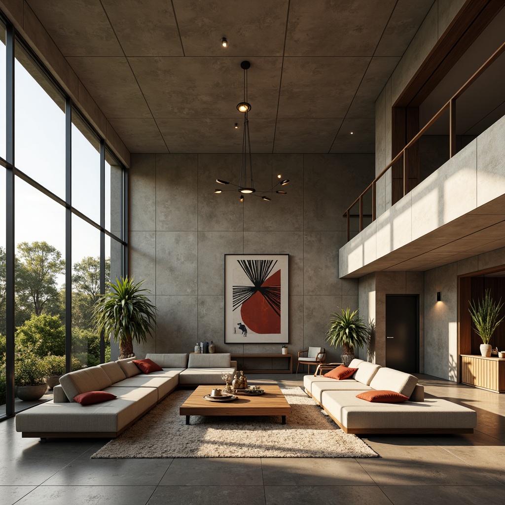 Prompt: Spacious brutalist family room, exposed concrete walls, industrial-style lighting fixtures, minimal ornamentation, functional furniture pieces, earthy color palette, natural stone flooring, floor-to-ceiling windows, panoramic views, modern abstract artwork, sleek low-profile sofas, geometric-patterned rugs, ambient warm lighting, shallow depth of field, 1/1 composition, realistic textures, soft focus effect.