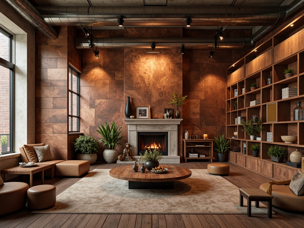 Prompt: Rustic copper walls, bronze accents, industrial-chic design, distressed textures, metallic sheen, warm earthy tones, luxurious interior, modern minimalist decor, sleek lines, urban loft ambiance, reclaimed wood floors, exposed ductwork, concrete ceilings, dramatic spot lighting, 1/1 composition, shallow depth of field, realistic reflections.