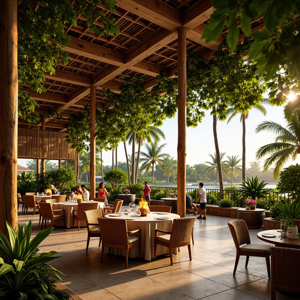 Prompt: Vibrant tropical dining hall, lush greenery, exotic flowers, natural wood accents, woven rattan furniture, colorful tiki torches, warm sandy tones, refreshing ocean blues, bright coral pinks, sunny yellow hues, dramatic palm tree silhouettes, soft warm lighting, shallow depth of field, 1/2 composition, panoramic view, realistic textures, ambient occlusion.