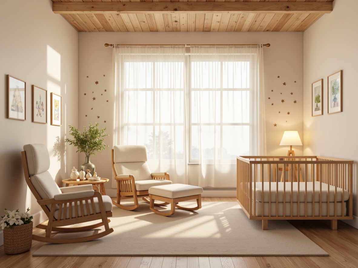 Prompt: Soft pastel colors, gentle nursery rhyme decorations, plush toys, comfortable gliders, warm wooden cribs, modern minimalist furniture, softbox lighting, table lamps, floor lamps, string lights, starry night sky projections, creamy white curtains, sheer fabrics, natural light filtering, warm beige walls, gentle color transitions, cozy reading nooks, 1/1 composition, soft focus, relaxed atmosphere.