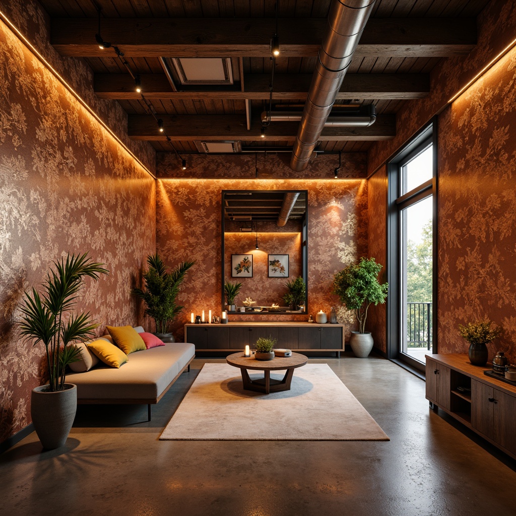 Prompt: Luxurious interior design, copper accent walls, bronze finished decorative panels, textured metallic surfaces, warm golden lighting, rich earthy tones, sophisticated urban loft, exposed ductwork, polished concrete floors, reclaimed wood beams, industrial chic atmosphere, dramatic shadows, high-contrast composition, 1/1 aspect ratio, realistic reflections, ambient occlusion.