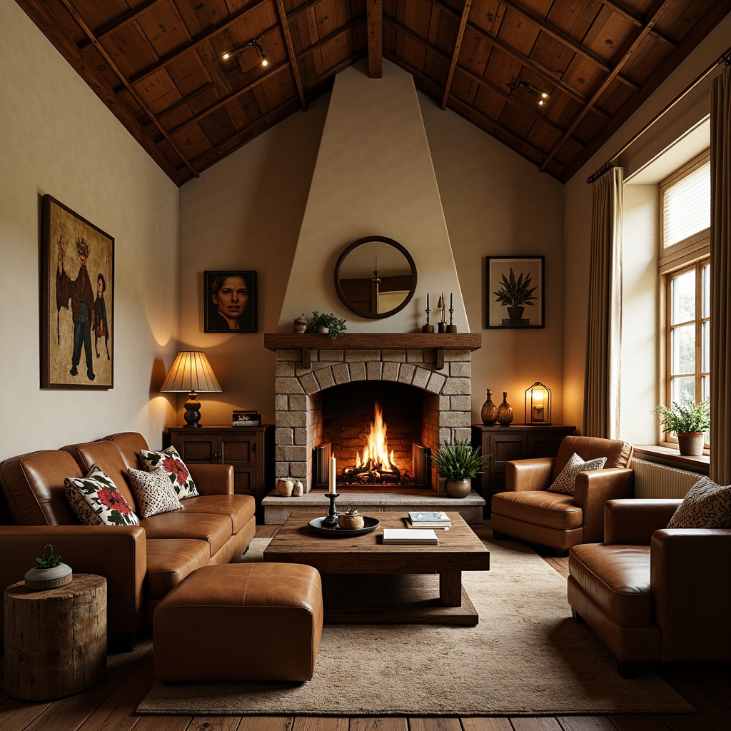 Prompt: Warm earthy tones, natural wood accents, rich leathers, vintage metal fixtures, distressed finishes, cozy textiles, warm beige walls, dark wood furniture, rustic stone fireplaces, soft candlelight, warm golden lighting, shallow depth of field, 3/4 composition, intimate atmosphere, realistic textures, ambient occlusion.