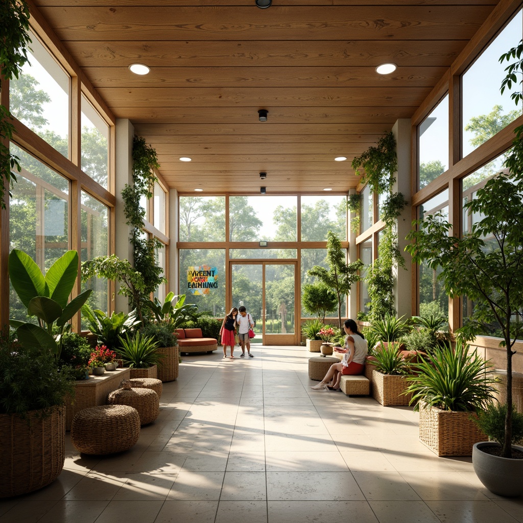 Prompt: Tropical style school interior, lush greenery, potted plants, vibrant flowers, natural textiles, woven baskets, rattan furniture, wooden accents, earthy tones, bright warm lighting, shallow depth of field, 1/1 composition, realistic textures, ambient occlusion, modern minimalist architecture, large windows, glass doors, open spaces, collaborative learning areas, colorful murals, inspirational quotes, motivational posters, calm atmosphere, air purification systems, humidification systems, natural ventilation.