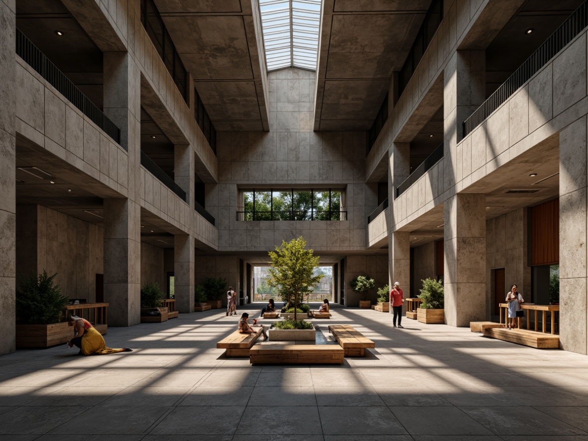 Prompt: Rugged hall interior, brutalist architecture, exposed concrete walls, raw industrial textures, distressed wood accents, minimalist decor, functional steel furniture, geometric modular seating, bold color contrasts, dramatic overhead lighting, atmospheric shadows, cinematic composition, realistic material rendering, ambient occlusion.