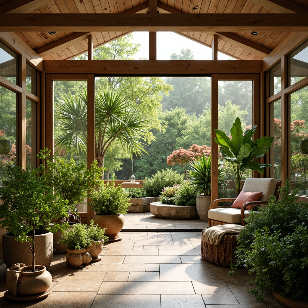 Prompt: Vibrant sunroom interior, lush greenery, potted plants, natural stone flooring, wooden accents, sliding glass doors, abundant natural light, warm sunny day, soft diffused lighting, 3/4 composition, realistic plant textures, ambient occlusion, tropical palm trees, delicate ferns, colorful blooming flowers, woven wicker furniture, earthy terracotta pots, elegant metal planters, fresh herbal scents, calming atmosphere.