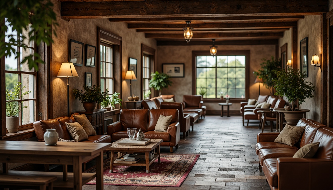 Prompt: Rustic wooden benches, distressed leather armchairs, vintage metal lanterns, natural stone flooring, earthy tone color palette, wooden accents, reclaimed wood tables, comfortable plush sofas, memorial plaques, soft warm lighting, shallow depth of field, 3/4 composition, panoramic view, realistic textures, ambient occlusion.