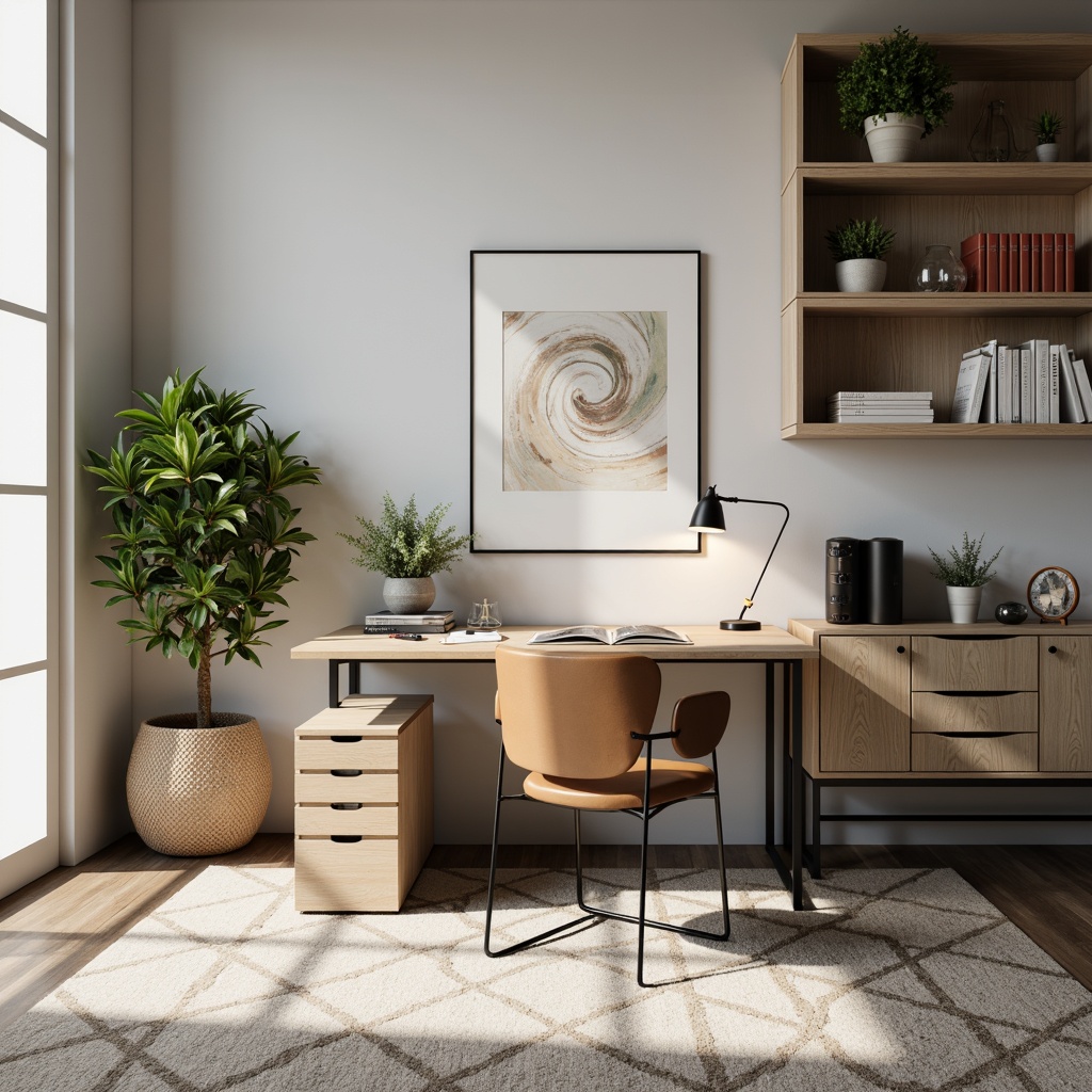 Prompt: Minimalist home office, sleek modern desk, ergonomic chair, floor lamp, abstract artwork, green plants, wooden shelves, metal storage units, leather-bound books, geometric rug, neutral color palette, natural light pouring in, soft warm glow, shallow depth of field, 1/2 composition, realistic textures, ambient occlusion.