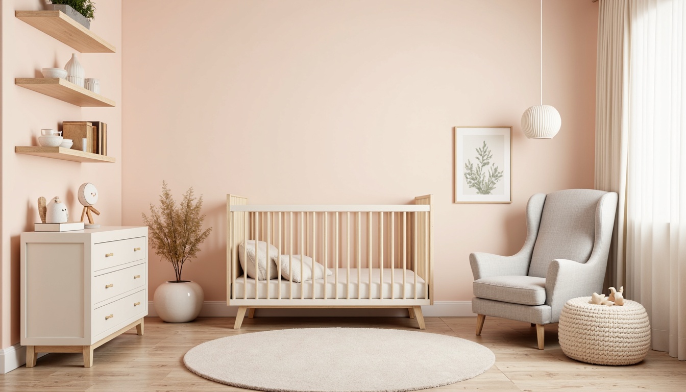 Prompt: Pastel-hued nursery, soft peach walls, creamy white furniture, pale gray accents, warm beige carpets, natural wood crib, minimalist decor, modern streamline design, gentle curve lines, subtle texture contrasts, airy feel, plenty of natural light, sheer curtains, delicate mobiles, calming atmosphere, soothing color palette, serene ambiance, 1/1 composition, soft focus, shallow depth of field.