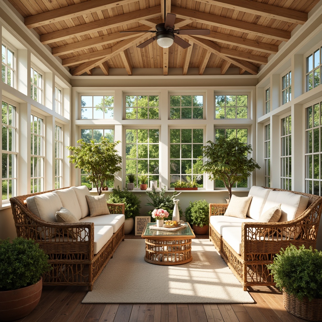 Prompt: Cozy sunroom, warm natural light, comfortable wicker furniture, plush cushions, rustic wooden accents, woven rattan chairs, glass-topped coffee tables, potted greenery, blooming flowers, soft pastel colors, airy atmosphere, relaxed seating arrangement, 1/1 composition, softbox lighting, subtle shadows, realistic wood textures.