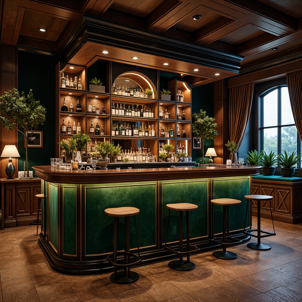 Prompt: Elegant home bar, rich wood tones, luxurious velvet fabrics, metallic accents, dimmable lighting, sophisticated color scheme, deep blues, emerald greens, warm neutrals, creamy whites, earthy browns, velvety blacks, subtle sheens, ornate details, vintage decor, rustic wooden crates, polished metal stools, ambient glow, 1/1 composition, realistic textures, high-end finishes.