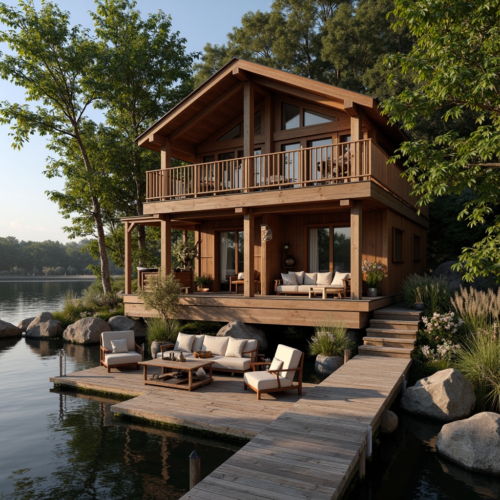 Prompt: Rustic boathouse, wooden dock, serene lake waters, surrounding trees, lush greenery, natural stone foundations, wooden pilings, nautical decorations, vintage sailing equipment, distressed wood textures, earthy color palette, cozy interior ambiance, warm lighting, wooden beams, rustic furniture, woven textiles, handmade crafts, wooden carvings, ornate metalwork, functional decor, 1/1 composition, soft focus, natural light, warm color tone.