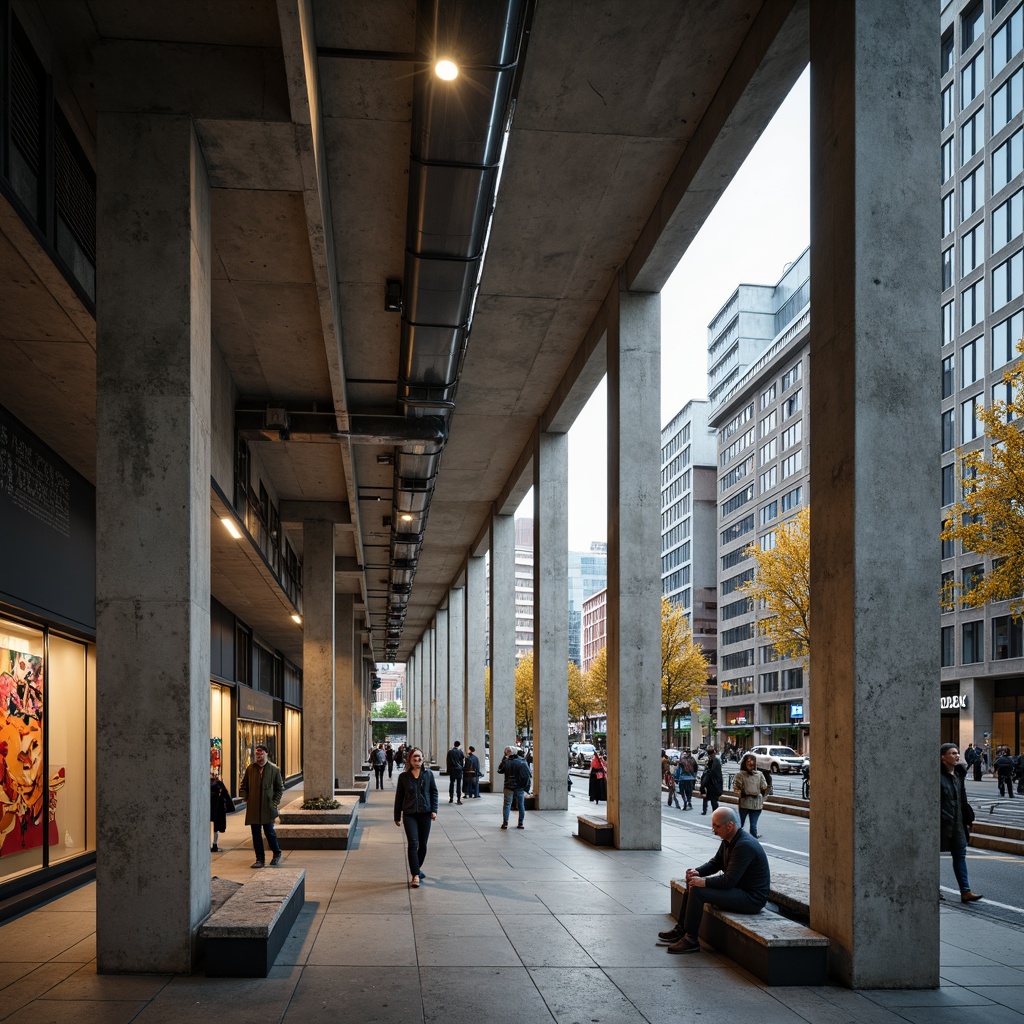 Prompt: Raw concrete columns, industrial lighting, exposed ductwork, urban cityscape, busy pedestrian traffic, modern brutalist architecture, open public spaces, natural stone flooring, steel beams, minimalist benches, abstract art installations, vibrant street art, urban jungle atmosphere, high-contrast dramatic lighting, low-angle heroic composition, cinematic depth of field, 2.35