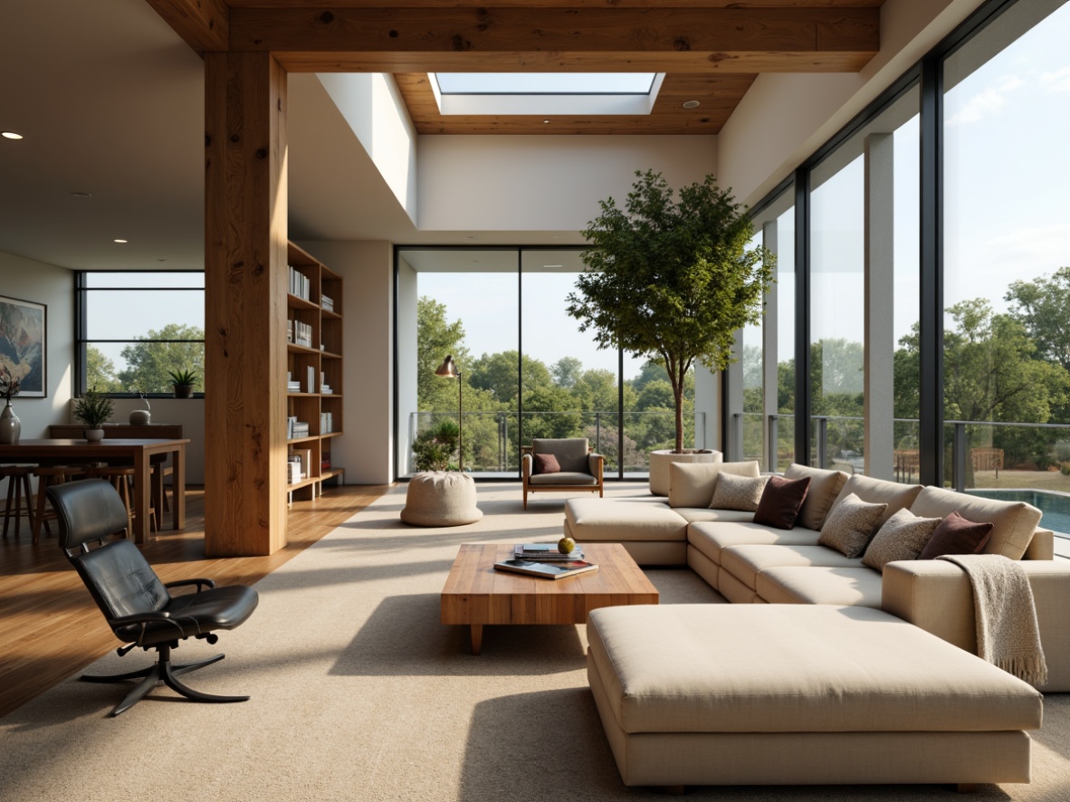 Prompt: Modern living room, sleek sofa, plush cushions, wooden coffee table, minimalist decor, floor-to-ceiling windows, natural light, comfortable seating area, ergonomic chairs, adjustable desk lamps, functional bookshelves, cozy throw blankets, warm beige carpeting, soft ambient lighting, shallow depth of field, 3/4 composition, realistic textures.