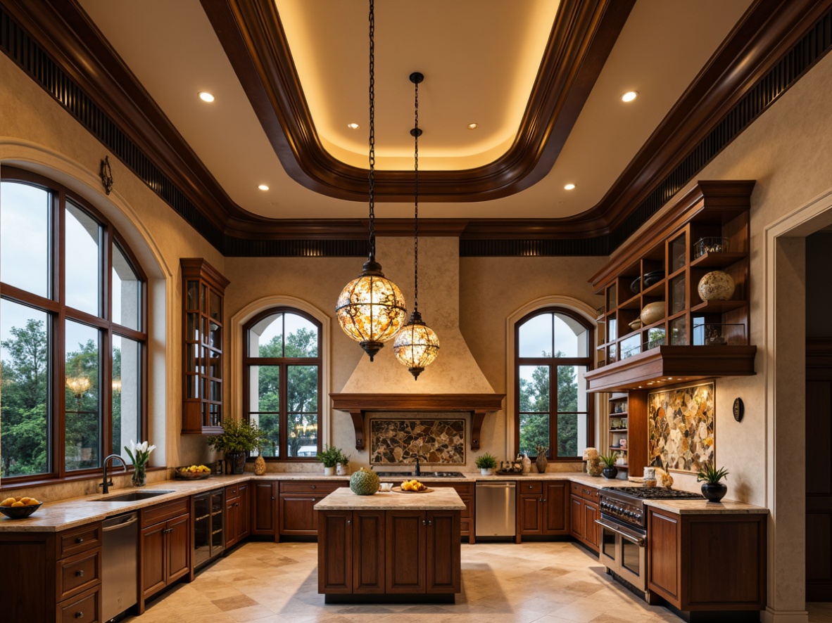 Prompt: Elegant kitchen, ornate fixtures, flowing curves, organic forms, stained glass pendant lights, bronze metalwork, warm golden tones, soft ambient glow, subtle color gradations, intricate botanical patterns, decorative tile backsplashes, luxurious marble countertops, rich wood cabinetry, grand archways, dramatic ceiling heights, 1/1 composition, high-key lighting, shallow depth of field.