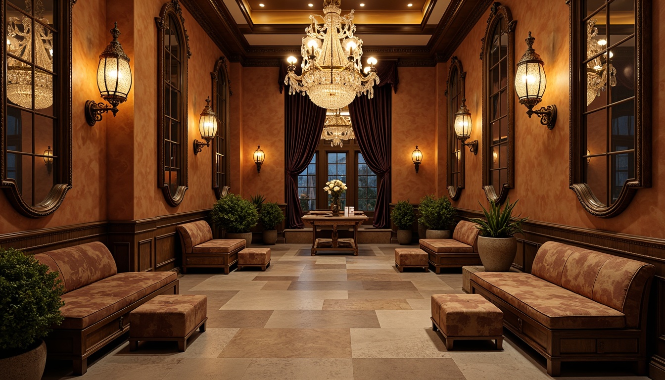 Prompt: Opulent mudroom, richly textured walls, ornate wooden benches, lavish crystal chandeliers, warm golden lighting, elegant sconces, distressed leather ottomans, rustic metal accents, earthy color palette, natural stone flooring, grandiose mirrors, refined pendant lights, luxurious velvet drapes, intricate carvings, Baroque-inspired patterns, soft warm glow, 1/1 composition, shallow depth of field.