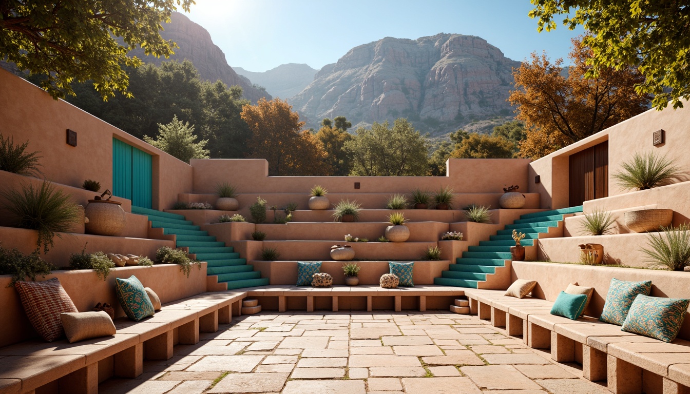 Prompt: Southwestern amphitheater, tiered seating arrangement, vibrant turquoise accents, natural stone steps, rustic wooden benches, comfortable cushions, colorful textiles, intricate geometric patterns, woven baskets, warm sunny day, soft warm lighting, dramatic shadows, 3/4 composition, panoramic view, realistic textures, ambient occlusion.