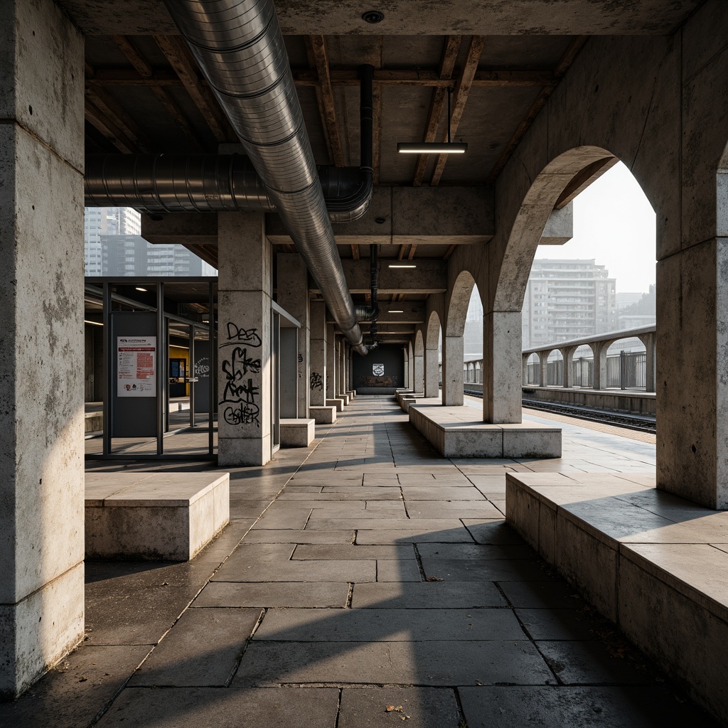 Prompt: Raw concrete benches, industrial metal seating, brutalist architectural style, urban metro station atmosphere, exposed ductwork, rugged stone flooring, cold tone lighting, functional design, minimalist aesthetic, reclaimed wood accents, steel beams, urban graffiti, city soundscape, morning rush hour ambiance, high-contrast shadows, dramatic archways, structural columns, distressed textures, brutalist-inspired color palette.