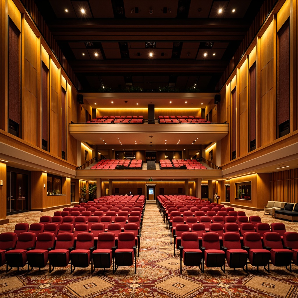 Prompt: Luxurious auditorium interior, plush velvet seats, soft golden lighting, intricate patterned carpets, acoustic paneling, rich wooden accents, contemporary geometric textiles, vibrant colorful upholstery, minimalist sleek lines, state-of-the-art sound systems, advanced LED lighting technology, dramatic high ceilings, grand entranceways, sophisticated urban atmosphere, 3/4 composition, shallow depth of field, realistic textures, ambient occlusion.