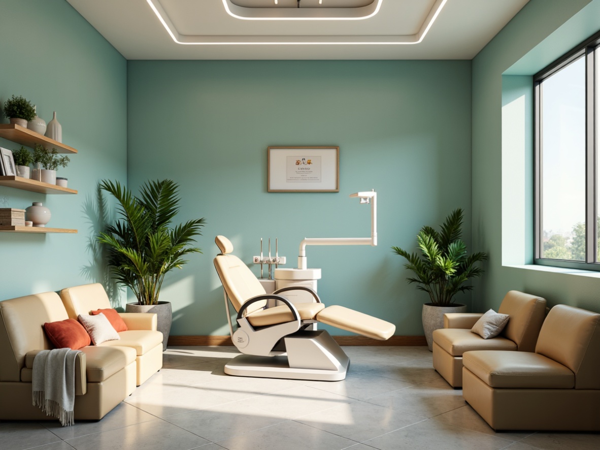 Prompt: Calming dental clinic, soothing blue-green walls, warm beige furniture, natural wood accents, modern sleek equipment, gentle curves, minimal ornamentation, softbox lighting, subtle shadows, calming ambiance, serene atmosphere, professional signage, comfortable waiting area, peaceful background music, gentle color transitions, 1/1 composition, realistic textures, ambient occlusion.