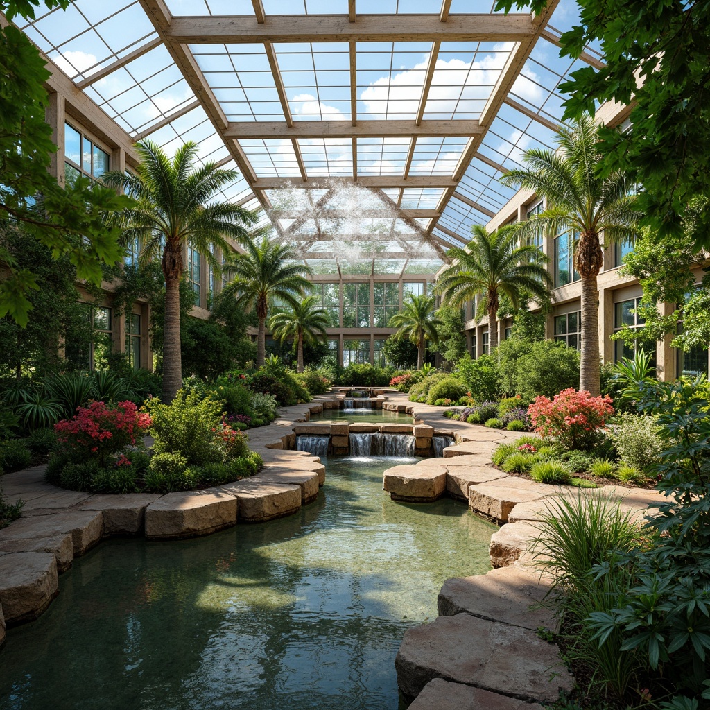 Prompt: Tranquil greenhouse, lush tropical plants, serene water features, small ponds, gentle streams, cascading waterfalls, misting systems, natural stone walkways, wooden bridges, exotic flowers, vibrant greenery, warm sunny day, soft diffused lighting, 1/2 composition, realistic textures, ambient occlusion.