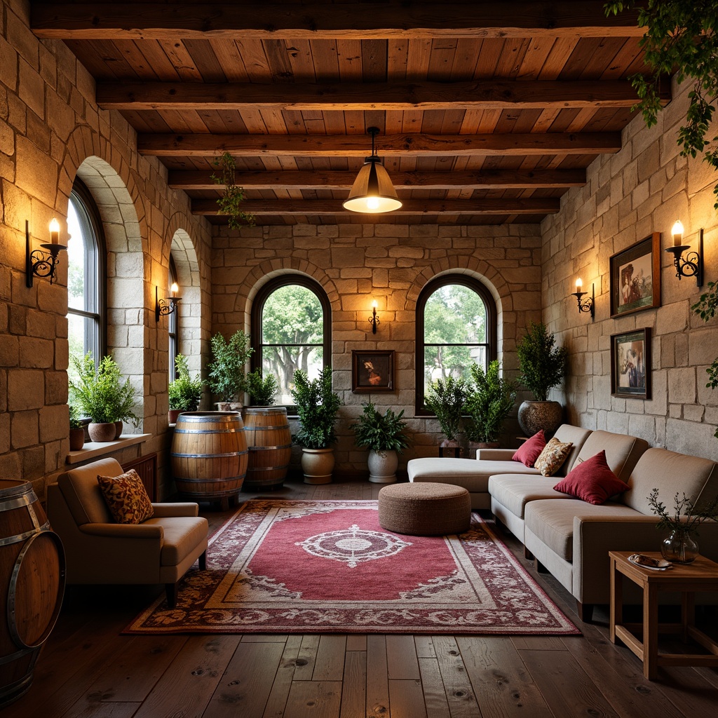 Prompt: Earthy winery interior, rustic wooden accents, rich burgundy reds, warm golden lighting, natural stone walls, vintage oak barrels, distressed metal decor, lush greenery, soft velvety textures, cozy nooks, intimate ambiance, warm beige tones, creamy whites, weathered wood floors, classic ornate furniture, elegant chandeliers, subtle wine-inspired patterns, romantic candlelight, 1/2 composition, shallow depth of field, realistic wood grain textures.