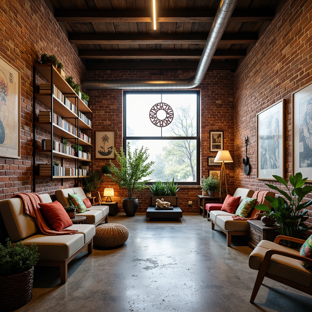 Prompt: Vibrant artistic studio, exposed brick walls, reclaimed wood accents, eclectic decorative tiles, textured concrete floors, industrial metal beams, modern minimalist shelving, cozy reading nooks, natural light pouring in, warm atmospheric lighting, shallow depth of field, 1/1 composition, realistic textures, ambient occlusion.