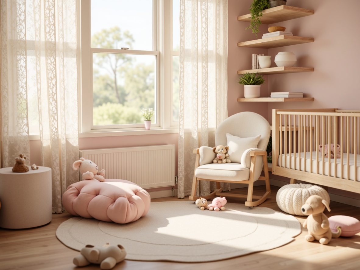 Prompt: Soft pastel colors, plush toys, gentle lighting, creamy textures, warm wood accents, cozy cribs, delicate lace curtains, pale pink walls, calming nursery rhymes, serene atmosphere, comfortable gliders, oversized pillows, soothing color palette, natural fibers, organic materials, breathable fabrics, subtle patterns, whimsical illustrations, tender moments, intimate settings, warm beige tones, gentle morning light, shallow depth of field, 1/1 composition.