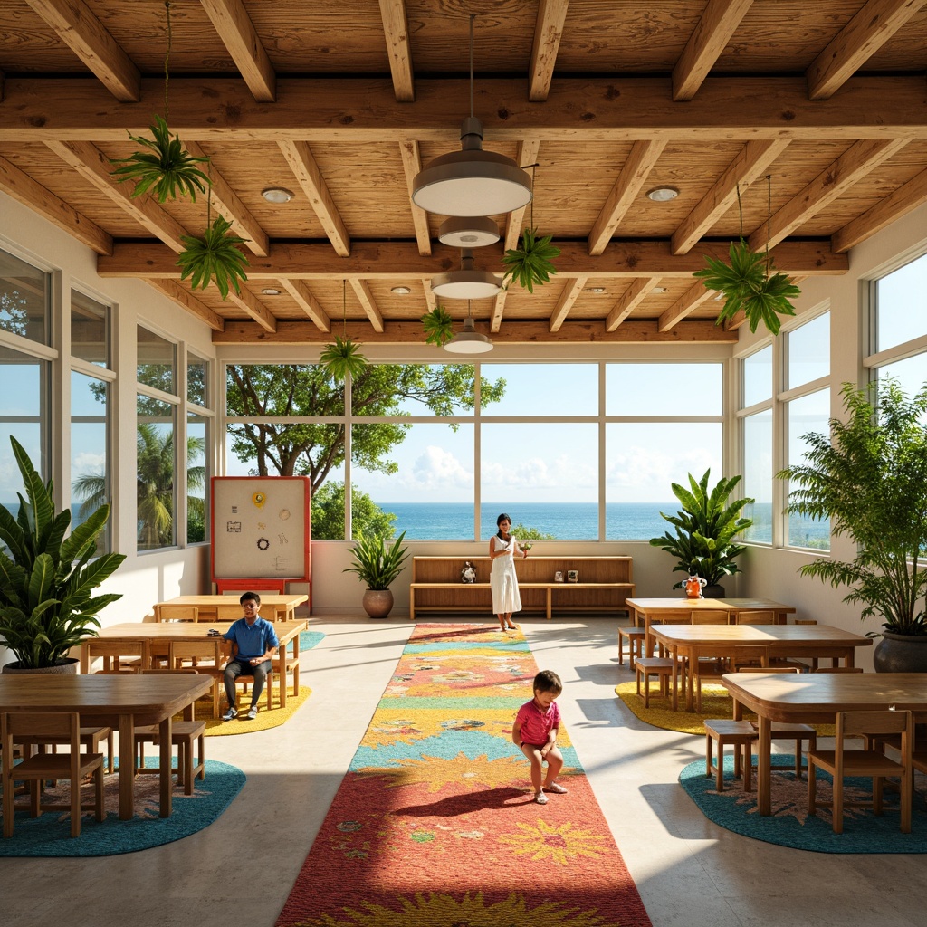 Prompt: Vibrant elementary school, tropical style interior, bright colors, natural materials, woven bamboo furniture, colorful rugs, leaf-inspired decorations, wooden desks, ergonomic chairs, interactive whiteboards, playful lighting fixtures, potted plants, ceiling fans, large windows, ocean views, warm sunny day, soft natural light, shallow depth of field, 1/1 composition, realistic textures, ambient occlusion.