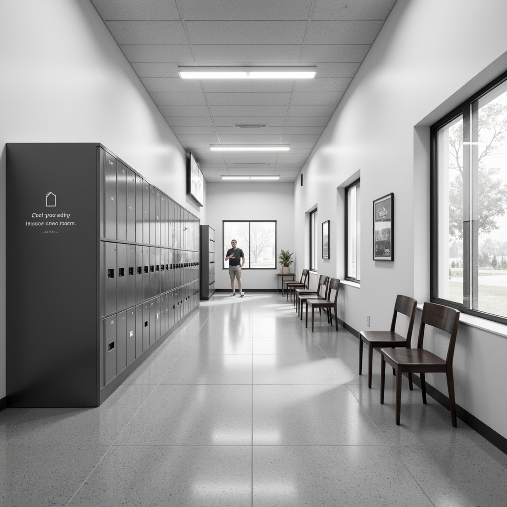 Prompt: Monochromatic high school interior, sleek metal lockers, polished concrete floors, minimalist wooden chairs, plain white walls, subtle texture contrast, soft diffused lighting, shallow depth of field, 1/1 composition, realistic reflections, ambient occlusion, modern architectural details, geometric shapes, industrial materials, bold typography, educational graphics, inspirational quotes, calm atmosphere, morning natural light.