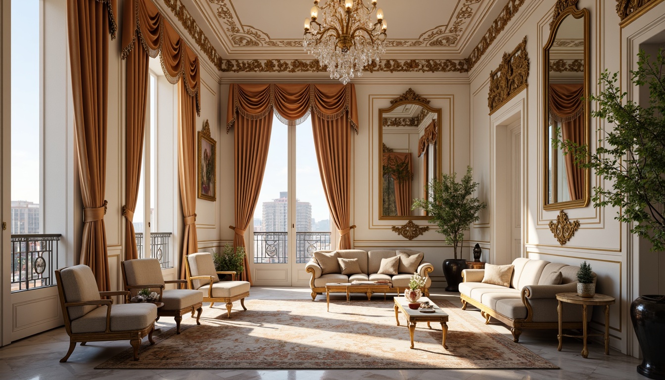 Prompt: Luxurious Rococo apartment, ornate gold accents, delicate florals, soft pastel hues, velvet upholstery, intricately carved wooden furniture, crystal chandeliers, marble floors, lavish drapery, French windows, balcony with iron railings, urban cityscape view, warm golden lighting, shallow depth of field, 1/1 composition, ornate mirror frames, richly patterned rugs, elegant coving, refined molding details.