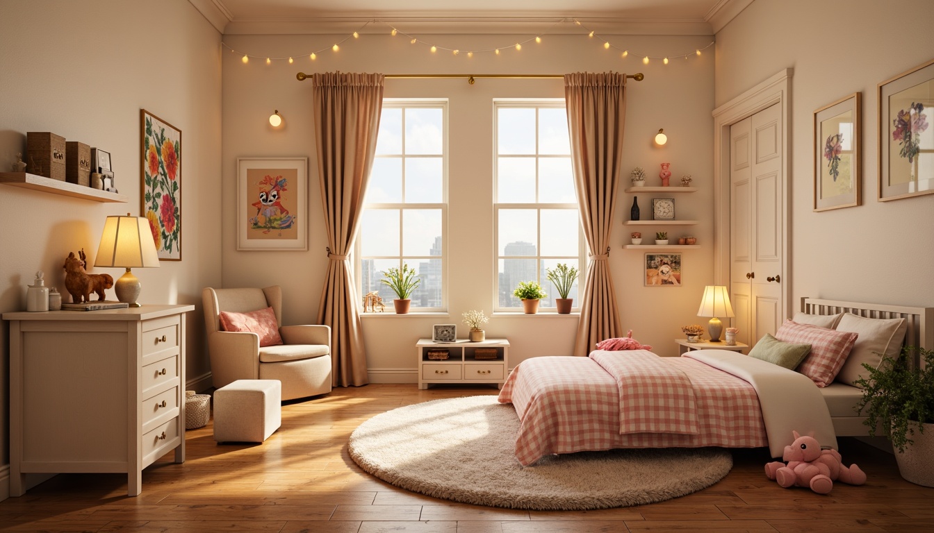 Prompt: Whimsical kids' bedroom, soft pastel colors, gentle glow, string lights, fairy lights, nightlights, colorful lampshades, playful patterns, cartoon character decals, cozy reading nooks, plush area rugs, comfortable seating, built-in shelving, warm beige walls, creamy white furniture, subtle texture accents, indirect lighting, warm color temperature, softbox lighting, 1/2 composition, intimate atmosphere, relaxed mood.