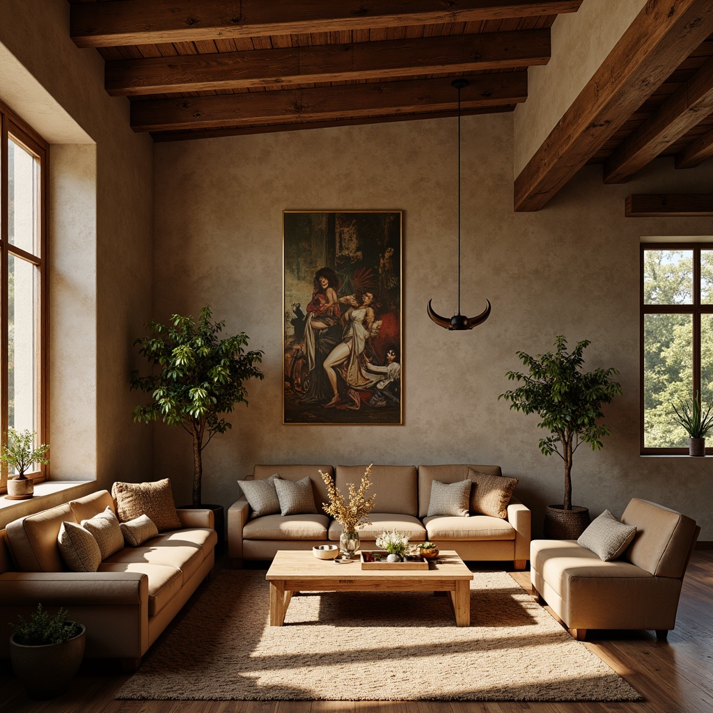 Prompt: Earthy tone wooden accents, rich leathers, natural stone walls, warm beige fabrics, rustic metal fixtures, vintage decorative items, traditional craftsmanship details, warm golden lighting, soft focused photography, 1/1 composition, intimate atmosphere, cozy textures, natural ambiance.