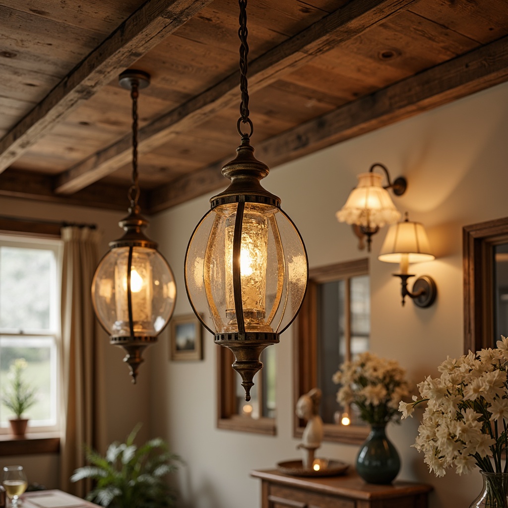 Prompt: Distressed wooden chandeliers, vintage metal lanterns, soft warm candlelight, antique bronze sconces, delicate porcelain pendant lights, lace-trimmed lampshades, distressed finishes, rustic country charm, warm beige tones, natural linen fabrics, subtle cream accents, ornate metal details, whimsical floral patterns, gentle glow, romantic ambiance, soft focus, warm color temperature.