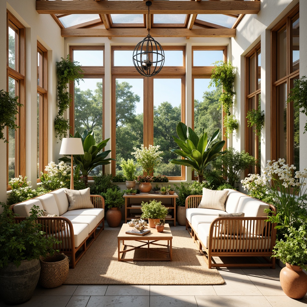 Prompt: Vibrant sunroom, warm natural light, lush greenery, blooming flowers, wooden accents, comfortable seating, soft cushions, calming color palette, creamy whites, soothing blues, warm beiges, rich woods, natural textiles, rattan furniture, woven baskets, earthy terracotta pots, sunny day, gentle shadows, shallow depth of field, 1/1 composition, realistic textures, ambient occlusion.