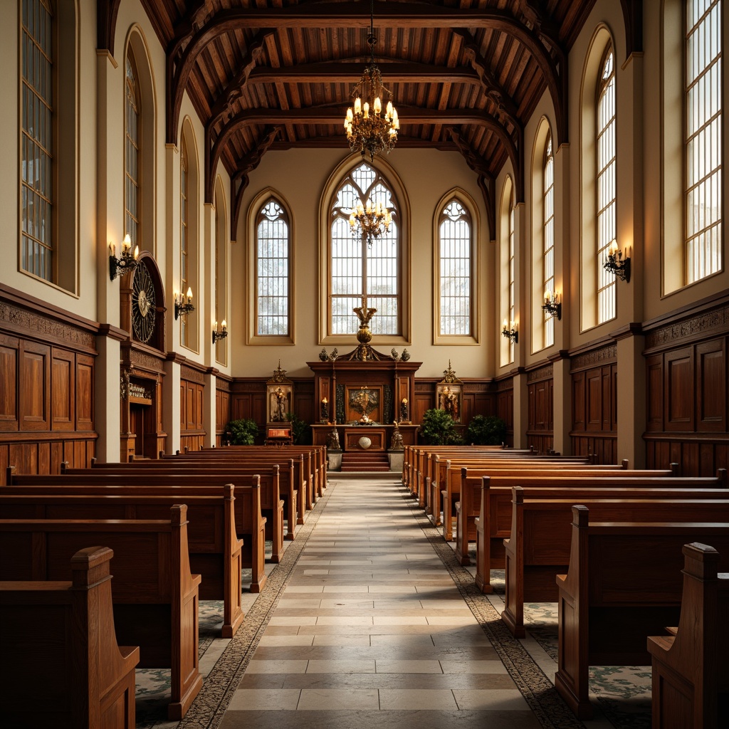 Prompt: Elegant church interior, wooden pews, stained glass windows, high ceilings, ornate chandeliers, soft warm lighting, luxurious upholstery, velvet cushions, polished metal frames, classic design, neutral color palette, comfortable seating, ample legroom, ergonomic design, acoustic considerations, reverberation control, spiritual ambiance, serene atmosphere, natural wood tones, subtle patterns, understated elegance, 1/2 composition, shallow depth of field, softbox lighting.