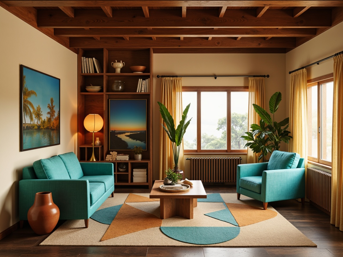 Prompt: Retro-inspired living room, warm beige walls, rich walnut wood accents, vibrant turquoise furniture, geometric patterned rugs, sleek brass lighting fixtures, natural linen upholstery, earthy terracotta planters, organic shapes, soft warm glow, atmospheric mist, shallow depth of field, 2/3 composition, cinematic view, realistic textures, ambient occlusion.